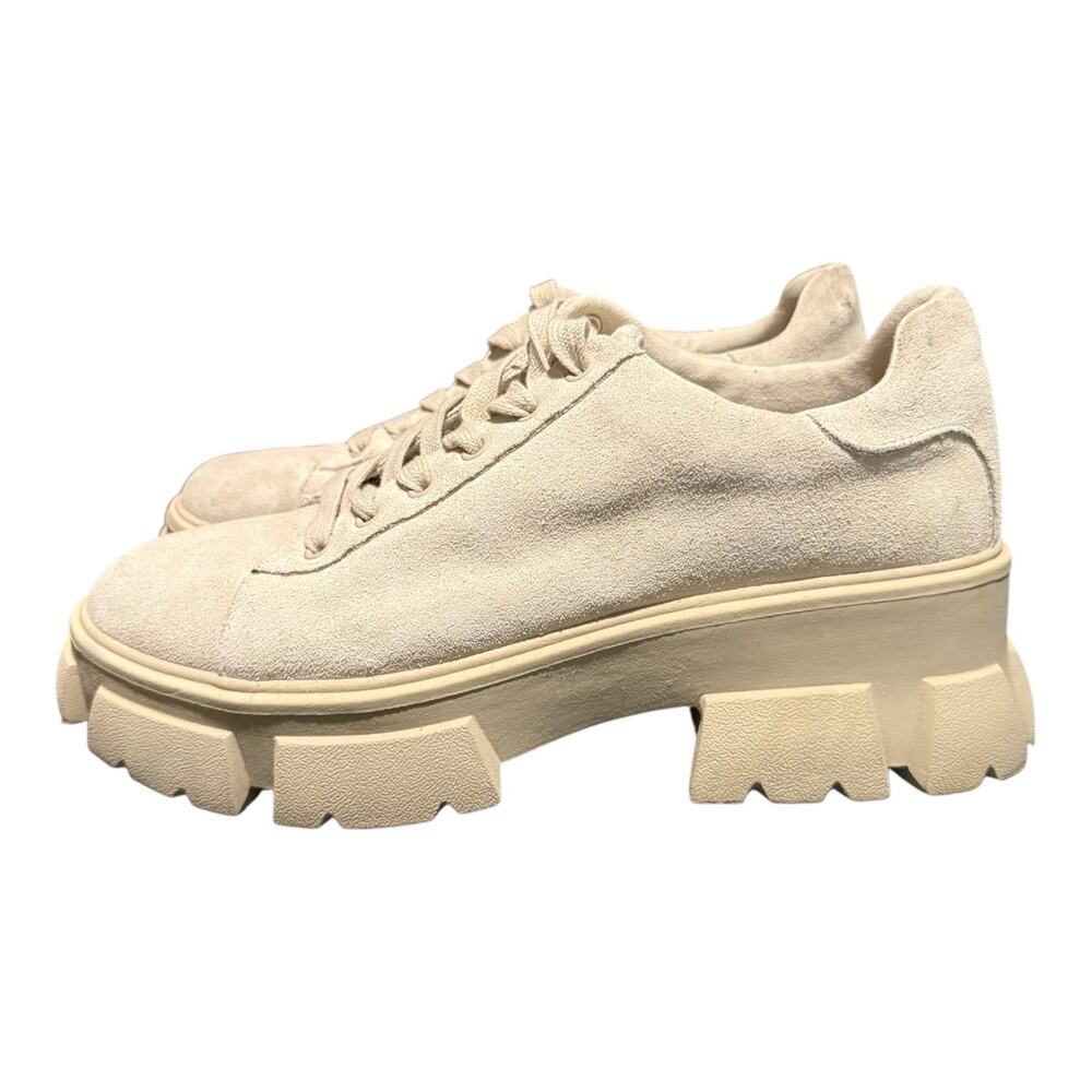 Steve Madden Lug Sole Platform Sneakers Womens 8.5 Beige Chunky Lace Up Shoes - Picture 5 of 9